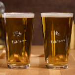 Elegant Mr Mrs Newlyweds Couple Honeymoon Wedding Pint Glass<br><div class="desc">Create your own custom, heart, elegant calligraphy typography script font, modern cool chic stylish classy, high quality, durable glass, beautiful laser engraved etched glassware 16 oz wedding / honeymoon Mr & Mrs bride groom newlywed husband wife couple set of 2 beer pint glasses. The etching / engraving is permanent, flawless,...</div>