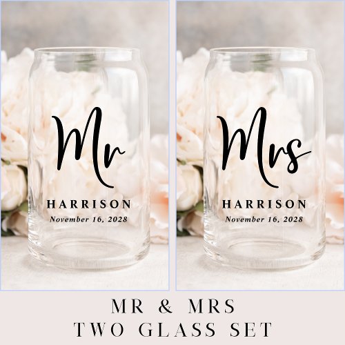 Elegant Mr Mrs Personalized Wedding Can Glass