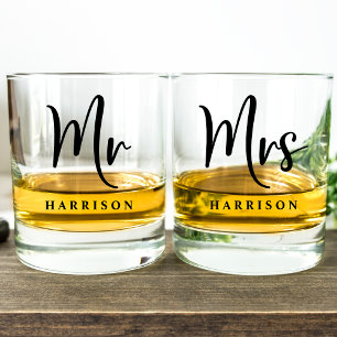 Elegant Mr Mrs Personalized Wedding Whiskey Glass