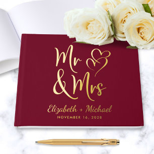 Elegant Mr Mrs Photo Burgundy Wedding Foil Guest Book