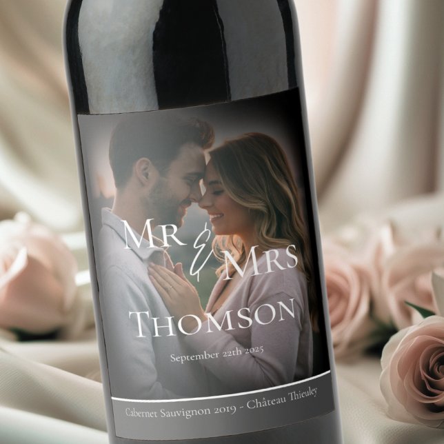 Elegant Mr & Mrs photo dark gray winter wedding Wine Label (Creator Uploaded)