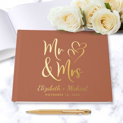 Elegant Mr Mrs Photo Gold Foil Terracotta Wedding Foil Guest Book