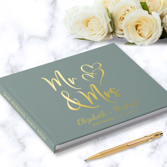 Elegant Mr Mrs Photo Sage Green Wedding Foil Guest Book (Creator Uploaded)