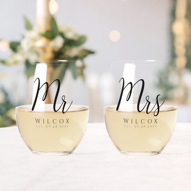 Elegant Mr & Mrs  Stemless Wine Glass (Insitu (Wedding))