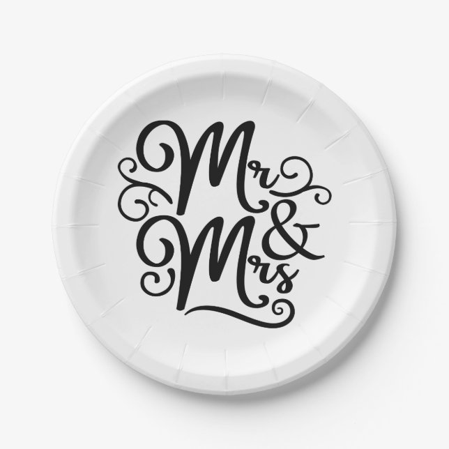 Elegant Mr & Mrs Wedding Just Married Black White Paper Plates (Front)