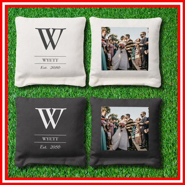 Elegant Mr. & Mrs. Wedding Monogram and Photos  Cornhole Bags (Creator Uploaded)