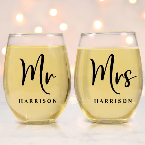 Elegant Mr Mrs Wedding Stemless Wine Glass