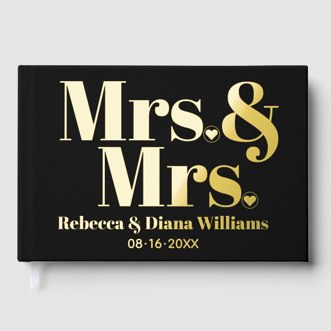 Elegant Mrs. and Mrs. lesbian black wedding Foil Guest Book (Front)