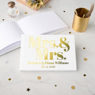 Elegant Mrs. and Mrs. lesbian white wedding Foil Guest Book