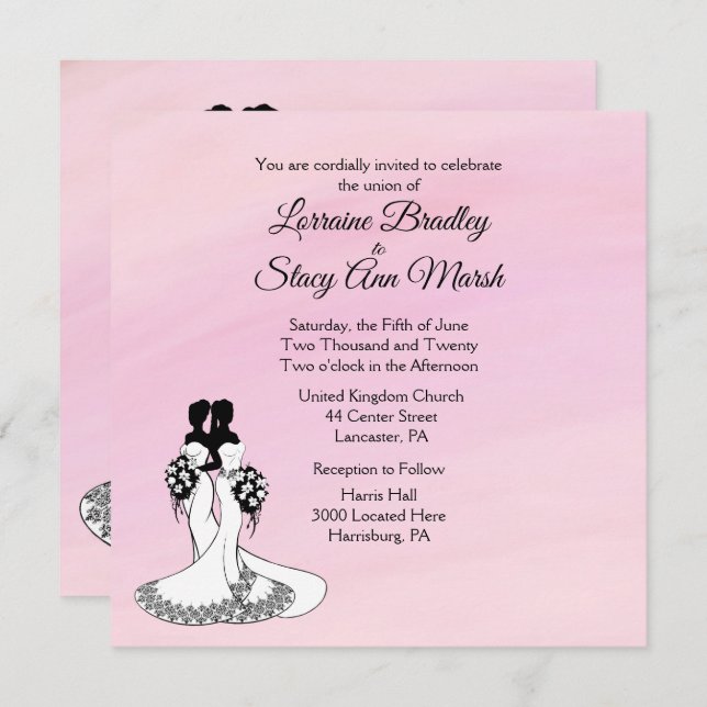 Elegant Mrs. and Mrs. Wedding Invitation Pink (Front/Back)