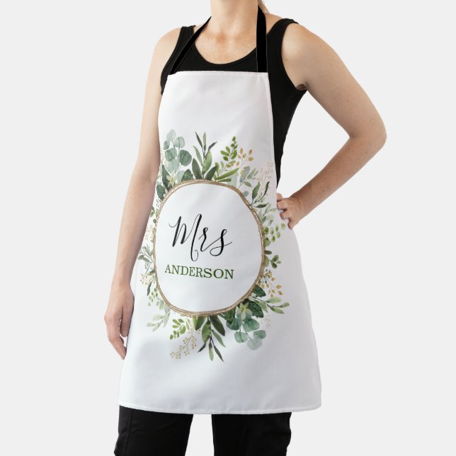 Elegant Mrs Greenery Gold Custom Wedding Monogram Apron (Insitu)