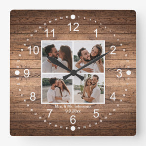 elegant mrs & mr  4 photos collage rustic wedding square wall clock