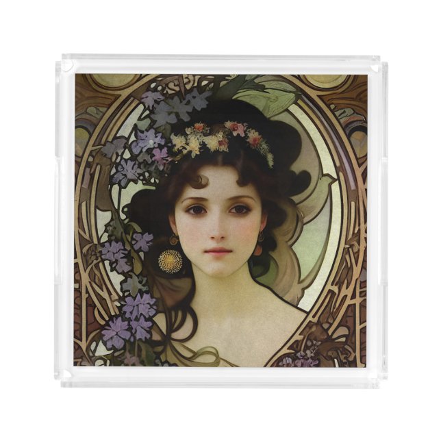 Elegant Mucha Style Portrait of a Beautiful Woman Acrylic Tray (Front)