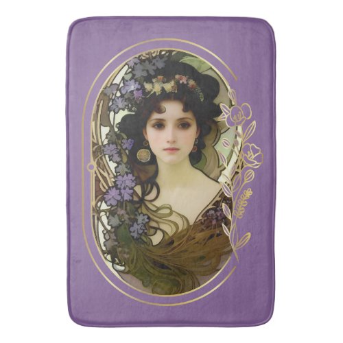 Elegant Mucha Style Portrait of a Beautiful Woman Bath Mat