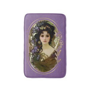 Elegant Mucha Style Portrait of a Beautiful Woman Bath Mat