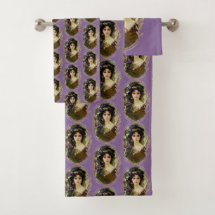 Elegant Mucha Style Portrait of a Beautiful Woman Bath Towel Set