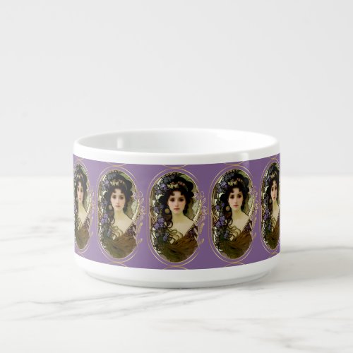 Elegant Mucha Style Portrait of a Beautiful Woman Bowl