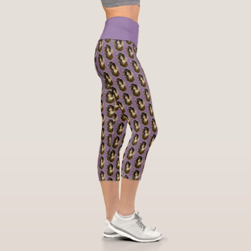 Elegant Mucha Style Portrait of a Beautiful Woman Capri Leggings