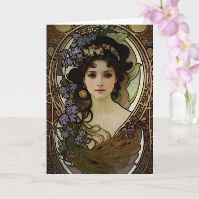 Elegant Mucha Style Portrait of a Beautiful Woman Card (Orchid)