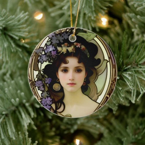 Elegant Mucha Style Portrait of a Beautiful Woman Ceramic Ornament