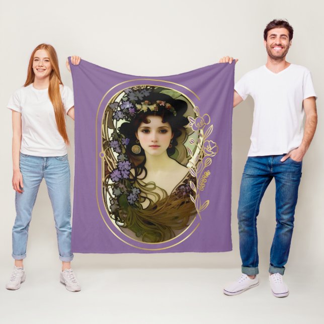 Elegant Mucha Style Portrait of a Beautiful Woman Fleece Blanket (In Situ)