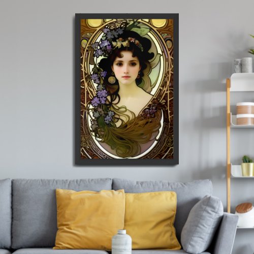 Elegant Mucha Style Portrait of a Beautiful Woman Framed Art