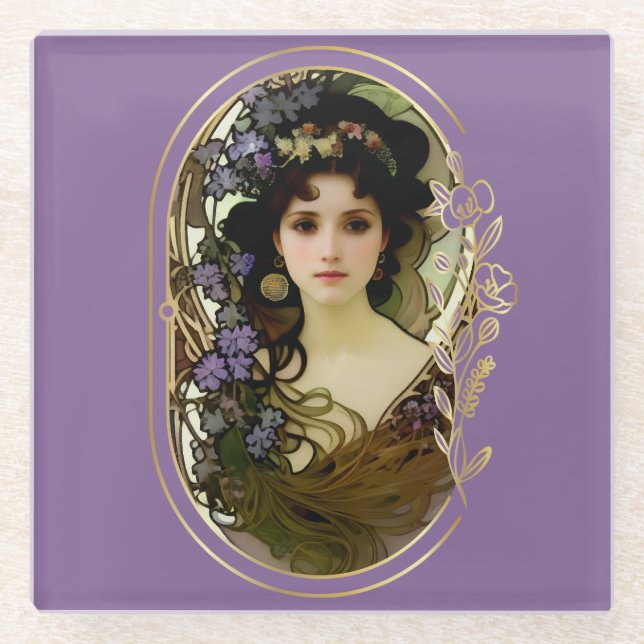 Elegant Mucha Style Portrait of a Beautiful Woman Glass Coaster (Front)