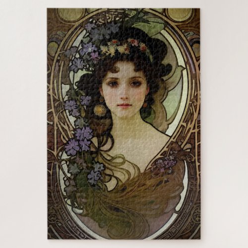 Elegant Mucha Style Portrait of a Beautiful Woman Jigsaw Puzzle