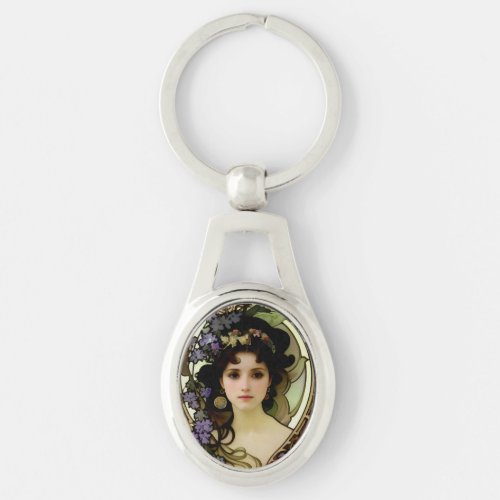 Elegant Mucha Style Portrait of a Beautiful Woman Keychain