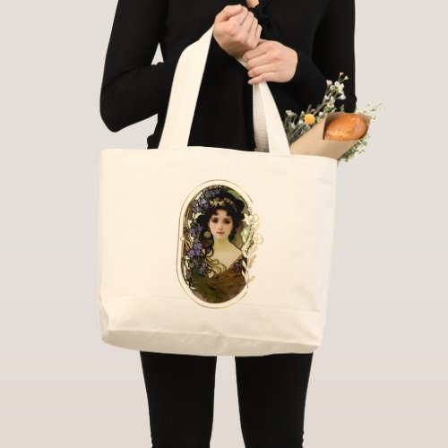 Elegant Mucha Style Portrait of a Beautiful Woman Large Tote Bag