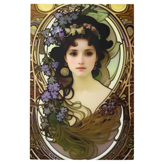 Elegant Mucha Style Portrait of a Beautiful Woman Metal Print (Front)