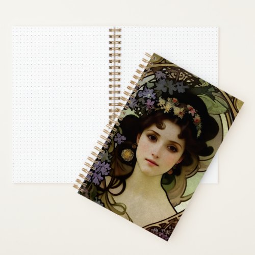Elegant Mucha Style Portrait of a Beautiful Woman Notebook