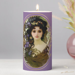Elegant Mucha Style Portrait of a Beautiful Woman Pillar Candle