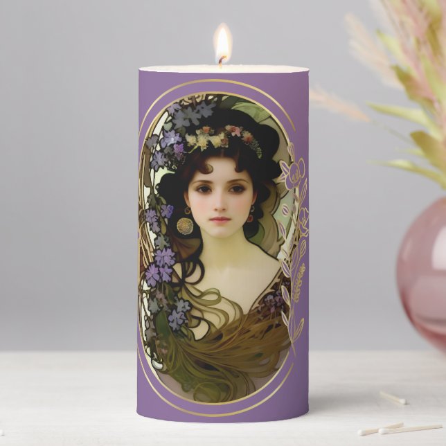 Elegant Mucha Style Portrait of a Beautiful Woman Pillar Candle (In Situ)