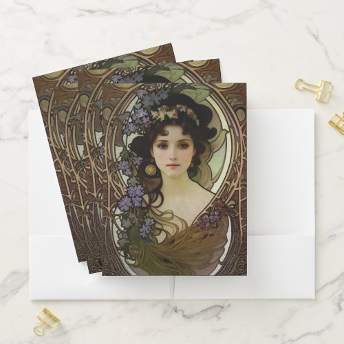 Elegant Mucha Style Portrait of a Beautiful Woman Pocket Folder