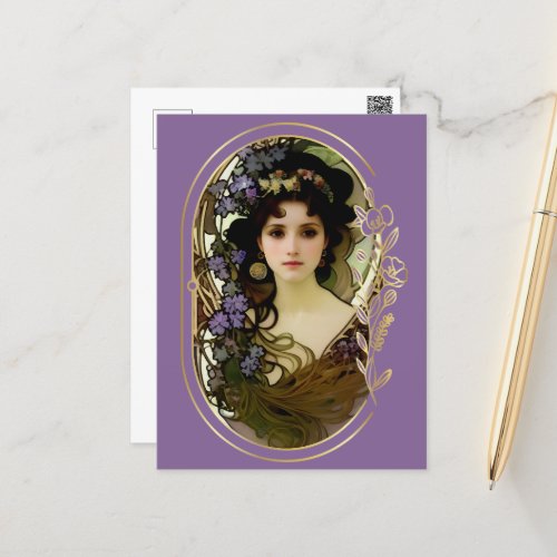 Elegant Mucha Style Portrait of a Beautiful Woman Postcard