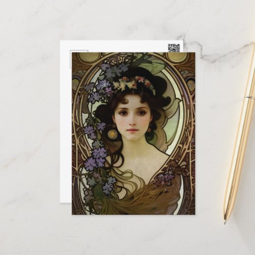 Elegant Mucha Style Portrait of a Beautiful Woman Postcard