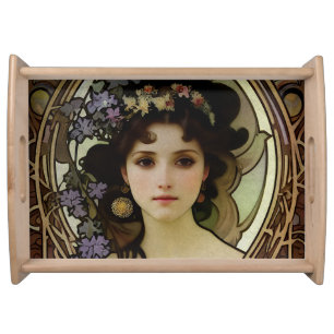 Elegant Mucha Style Portrait of a Beautiful Woman Serving Tray