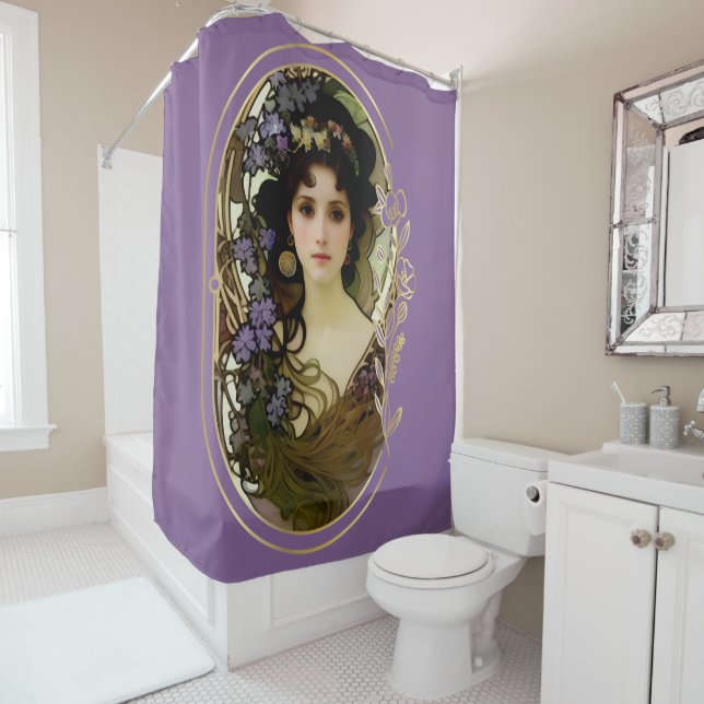 Elegant Mucha Style Portrait of a Beautiful Woman Shower Curtain (In Situ)