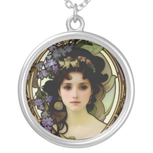 Elegant Mucha Style Portrait of a Beautiful Woman Silver Plated Necklace