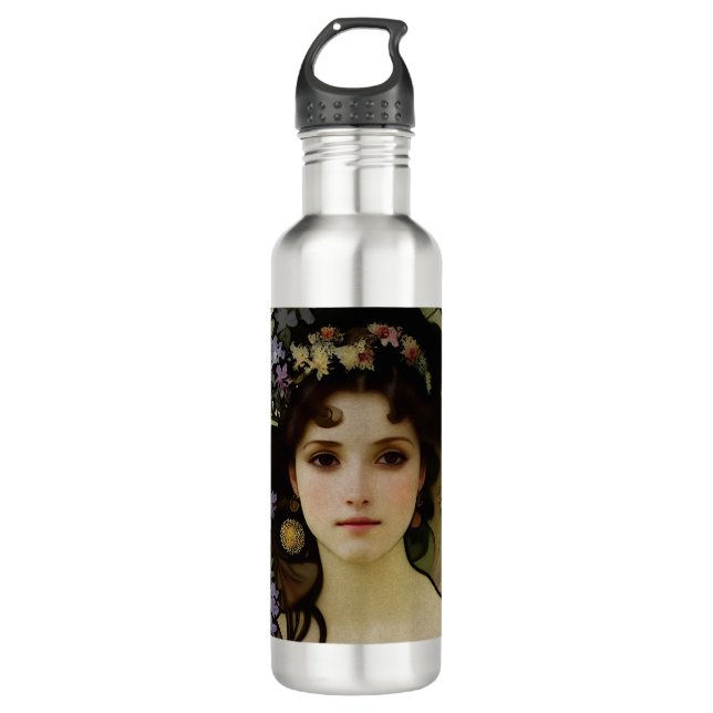 Elegant Mucha Style Portrait of a Beautiful Woman Stainless Steel Water Bottle (Front)