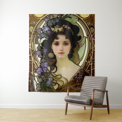 Elegant Mucha Style Portrait of a Beautiful Woman Tapestry