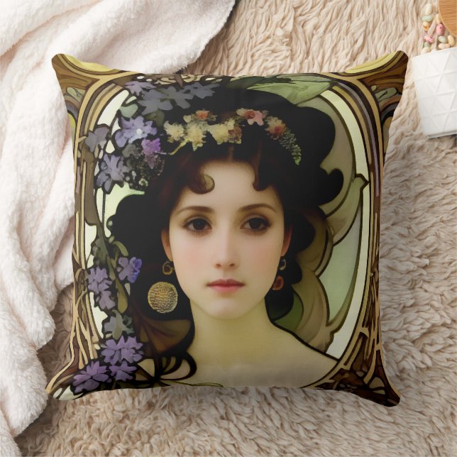 Elegant Mucha Style Portrait of a Beautiful Woman Throw Pillow (Blanket)