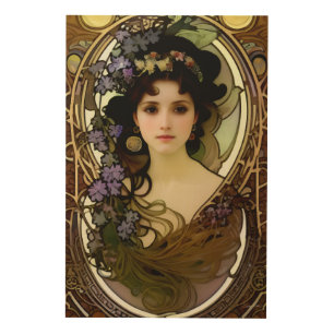 Elegant Mucha Style Portrait of a Beautiful Woman Wood Wall Art