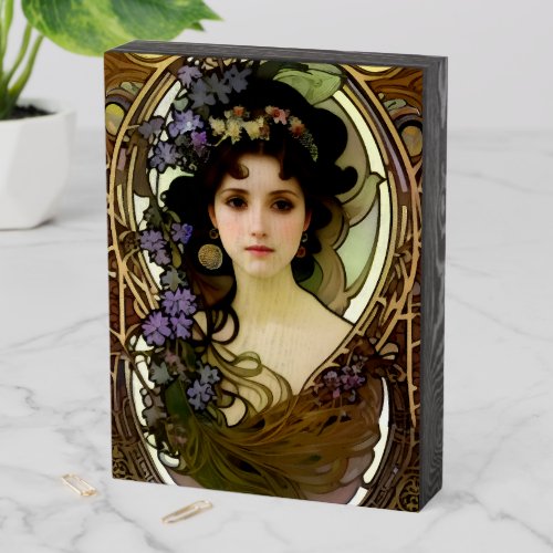 Elegant Mucha Style Portrait of a Beautiful Woman Wooden Box Sign