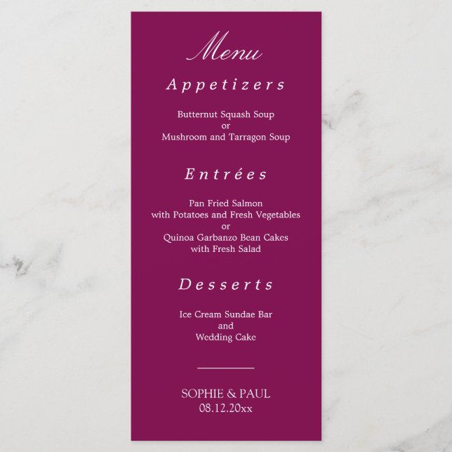 Elegant Mulberry Wedding Menu (Front)