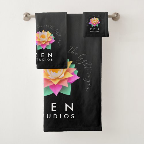 Elegant Multi_Colored Lotus Flower on Black Bath Towel Set