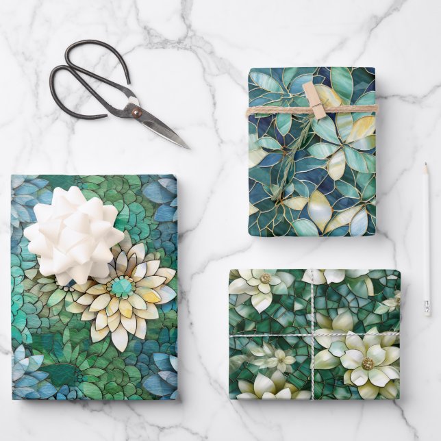 Elegant Multi Colour Flowers Mosaic Glass Wrapping Paper Sheets (Front)