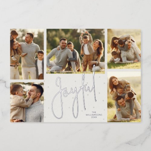 Elegant Multi Photo Joyful Silver Foil Holiday Card