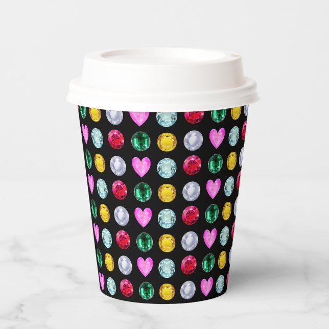 Elegant Multicolor Gemstones on Black Paper Cups (Front)
